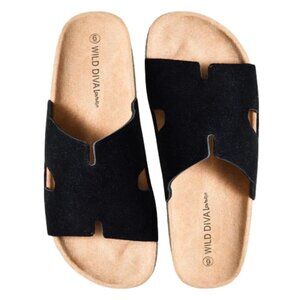 Wild Diva Michiko Cork Resort Slide Sandals in Black